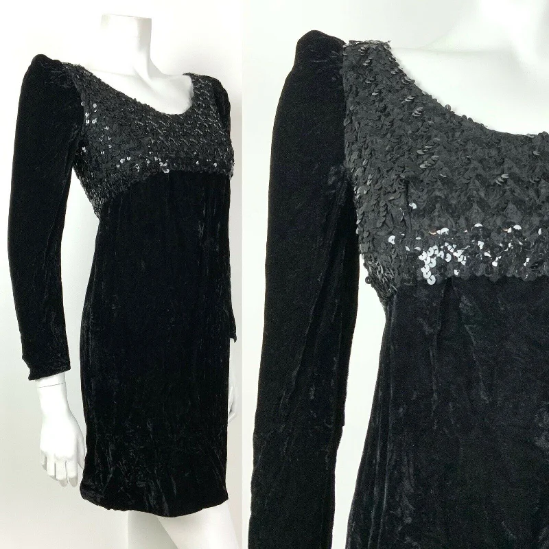 Price Rollback VINTAGE 60s 70s BLACK VELOUR SEQUIN EMPIRE LINE PARTY DISCO LBD MINI DRESS 6