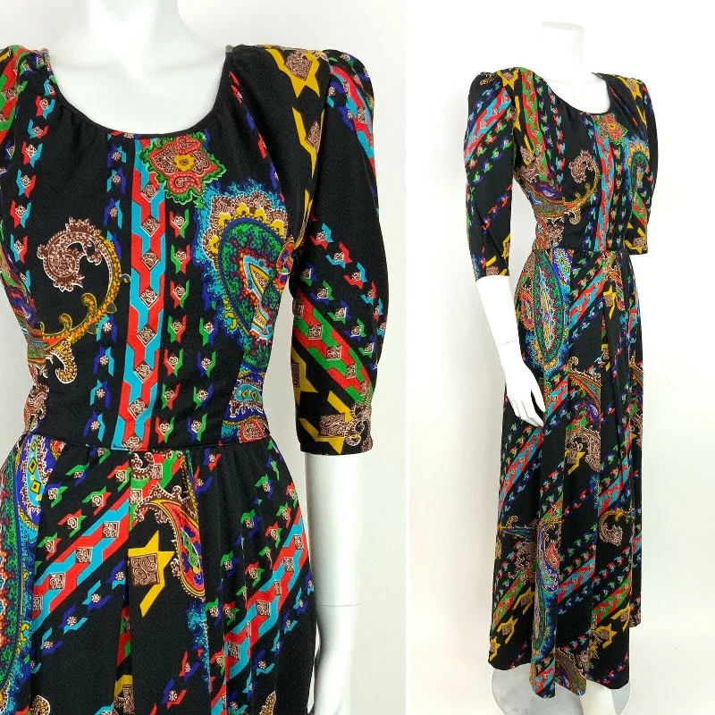 Value Deals VINTAGE 60s 70s PAISLEY PSYCHEDELIC BLACK YELLOW BLUE RED GREEN MAXI DRESS 8 Value Deals VINTAGE 60s 70s PAISLEY PSYCHEDELIC BLACK YELLOW BLUE RED GREEN MAXI DRESS 8