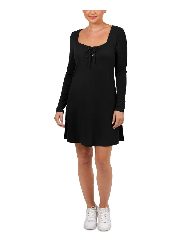 Act Now HIPPIE ROSE Womens Stretch Ribbed Long Sleeve Square Neck Short Fit + Flare Dress Act Now HIPPIE ROSE Womens Stretch Ribbed Long Sleeve Square Neck Short Fit + Flare Dress