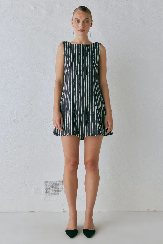 Seasonal Sale Chloe Linen Mini Dress Black Stripe