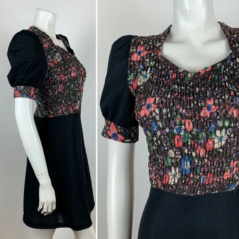 Price Break VINTAGE 70S SHIRRED FLOWER MULTI COLOURED GLITTER DRESS 4 6